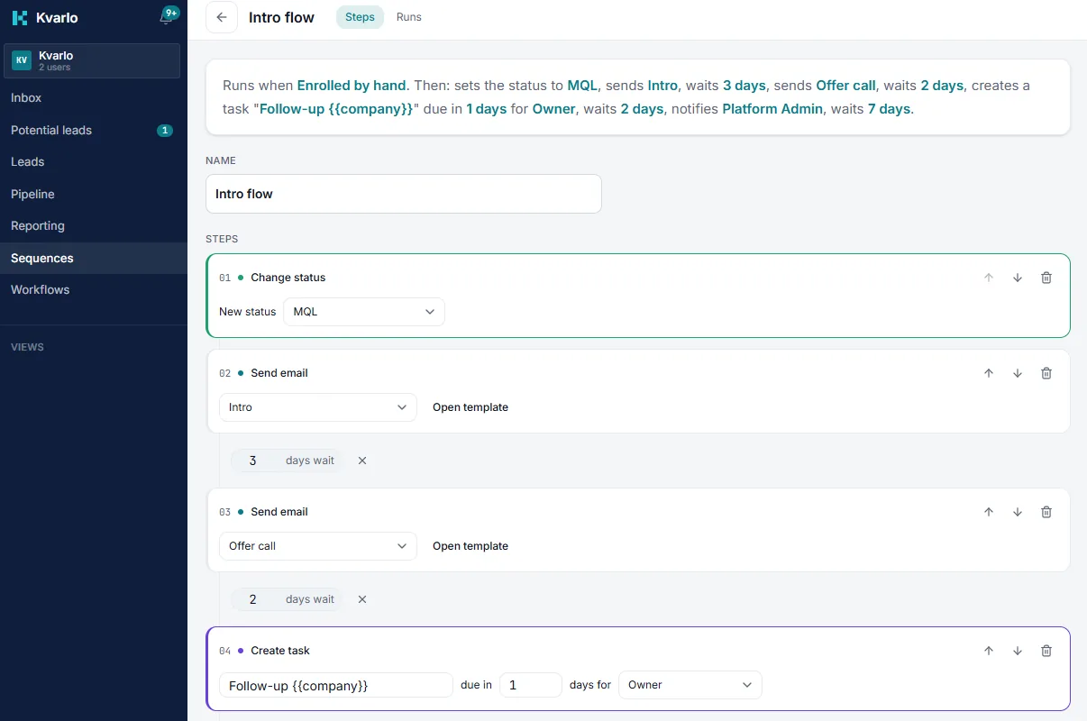 Kvarlo sequence editor: intro flow with status change, two emails, wait steps and a task